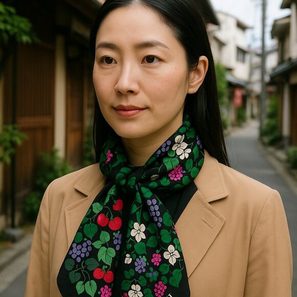 VTG Hanae Mori Silk Heart Cherries Grapes Fruity Floral White Flower Motif Scarf - Picture 1 of 9